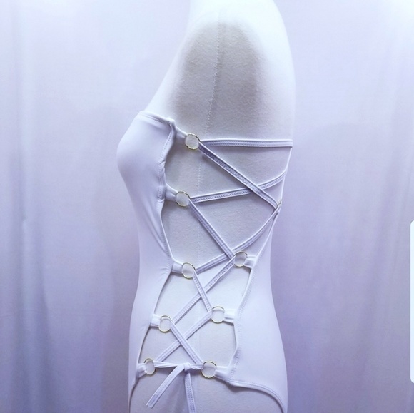 One Piece Swimsuit White Hot Lace Up Open Side - Picture 5 of 7